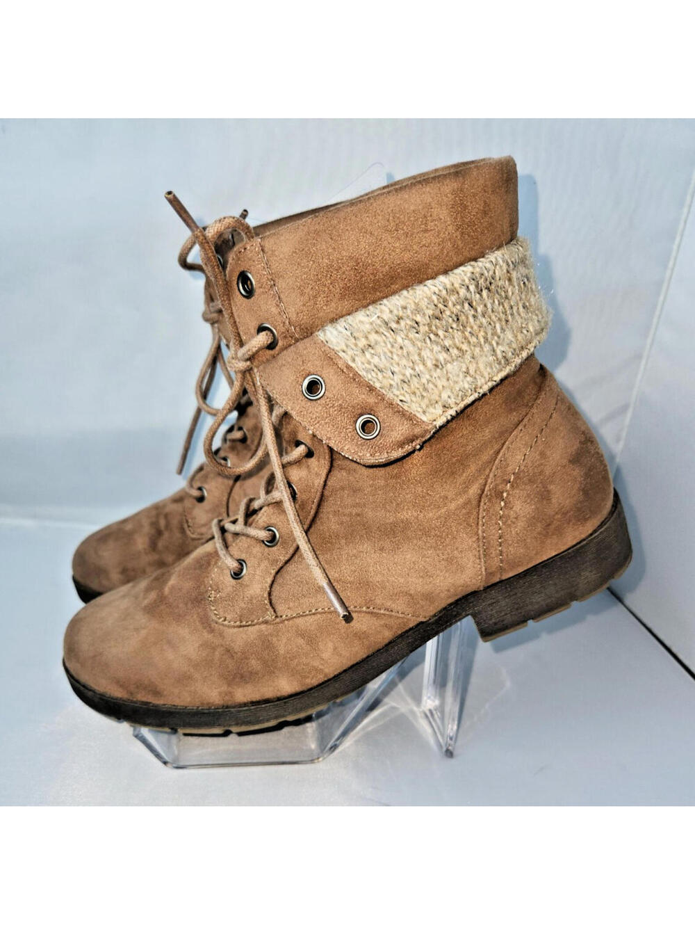 Arizona Yates Brown Suede Lace-Up Ankle Boots with Knit Cuff Size 9.5
